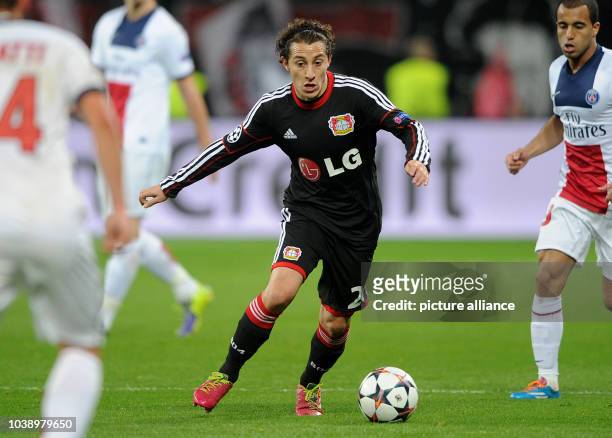 Leverkusen's Andres Guardado in action during the Champions League last round of sixteen match between Bayer 04 Leverkusen and Paris Saint-Germain in...