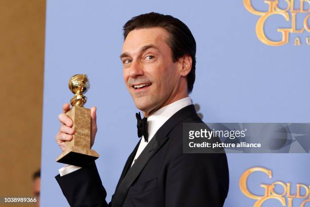Actor Jon Hamm poses in the press room of the 73rd Annual Golden Globe Awards, Golden Globes, at Hotel Beverly Hilton in Beverly Hills, Los Angeles,...