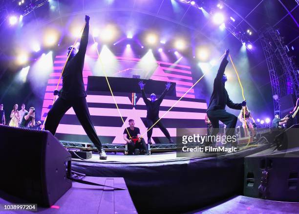 Blue Man Group performs with 3LAU on Fremont Stage during the 2018 Life Is Beautiful Festival on September 23, 2018 in Las Vegas, Nevada.