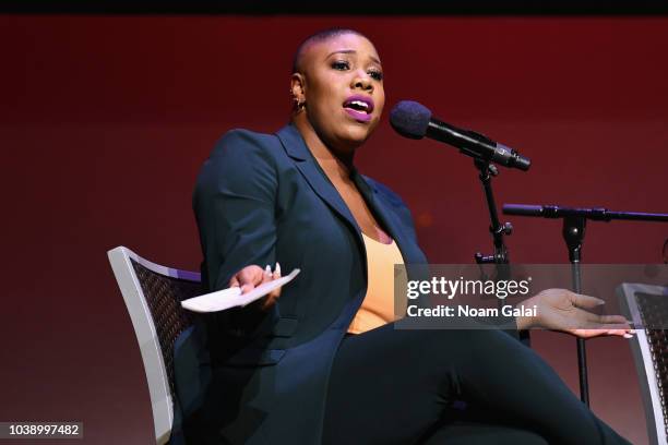 Symone Sanders speaks onstage during Global Citizen Week: At What Cost? at The Apollo Theater on September 23, 2018 in New York City.