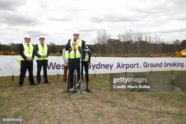 Prime Minister Scott Morrison speaks to the media before giving the order for work to commence on the construction of the Western Sydney airport on...