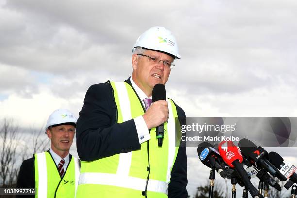 Prime Minister Scott Morrison speaks to the media before giving the order for work to commence on the construction of the Western Sydney airport on...