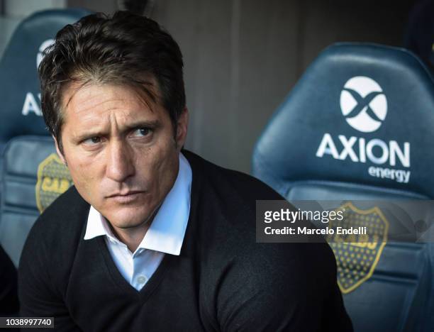Guillermo Barros Schelotto coach of Boca Juniors looks on before a match between Boca Juniors and River Plate as part of Superliga 2018/19 at Estadio...