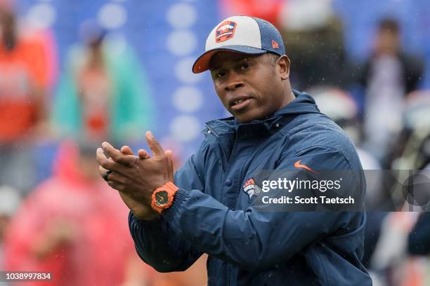Head coach Vance Joseph of the Denver Broncos on the field before the game against the Baltimore Ravens at M&T Bank Stadium on September 23, 2018 in...