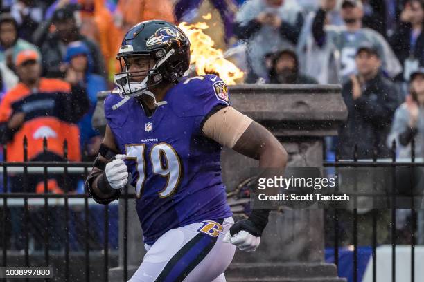 Ronnie Stanley of the Baltimore Ravens takes the field before the game against the Denver Broncos at M&T Bank Stadium on September 23, 2018 in...