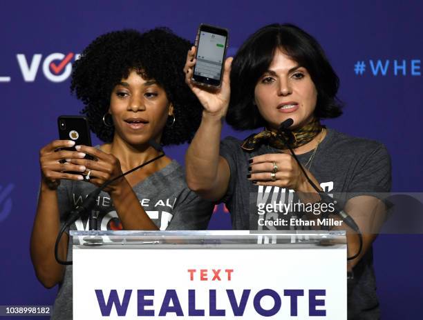 Actresses Kelly McCreary and Lana Parrilla speak during a rally for When We All Vote's National Week of Action featuring former first lady Michelle...
