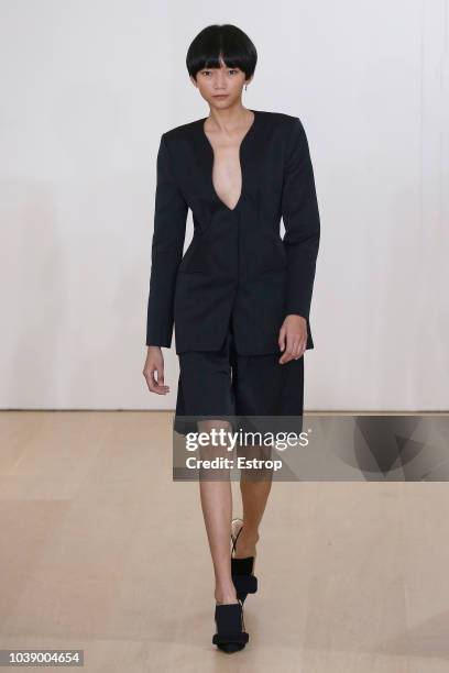 Model walks the runway at the Emilia Wickstead show during London Fashion Week September 2018 on September 17, 2018 in London, England.