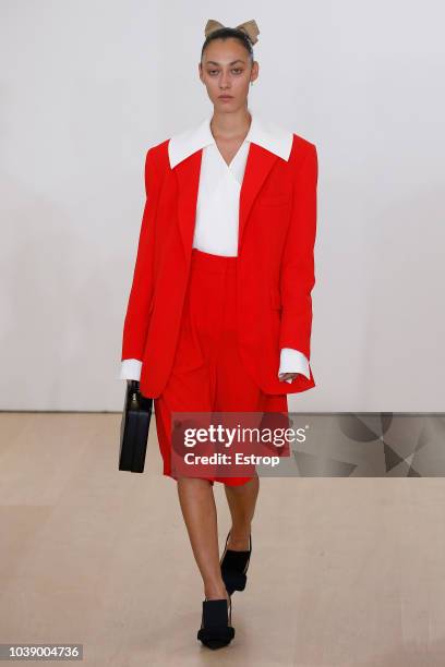 Model walks the runway at the Emilia Wickstead show during London Fashion Week September 2018 on September 17, 2018 in London, England.