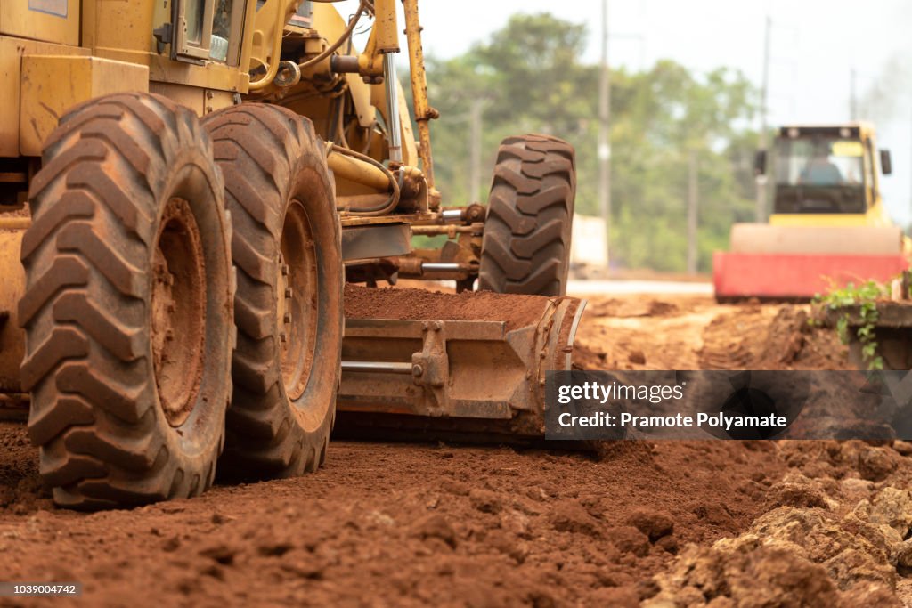 Motor Grader Civil Construction improvement base road work, Motor Grader Civil Construction