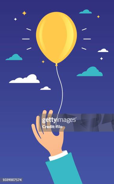 illustrazioni stock, clip art, cartoni animati e icone di tendenza di palloncino giallo sollevato a mano - releasing