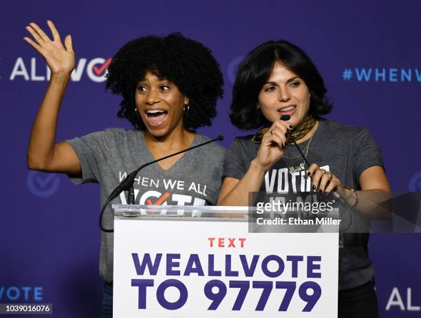 Actresses Kelly McCreary and Lana Parrilla speak during a rally for When We All Vote's National Week of Action featuring former first lady Michelle...