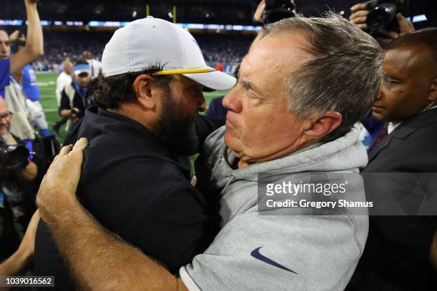 Head coach Matt Patricia of the Detroit Lions hugs Bill Belichick of the New England Patriots after a 26-10 win over his former team at Ford Field on...
