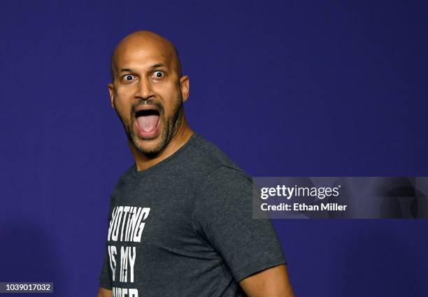 Actor Keegan-Michael Key speaks during a rally for When We All Vote's National Week of Action featuring former first lady Michelle Obama at Chaparral...