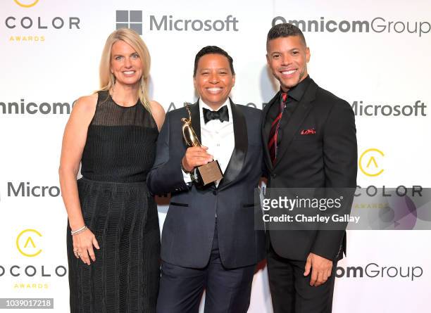 Sarah Kate Ellis, Honoree Lydia Polgreen, recipient of The Advocate Award and Wilson Cruz attend the 12th Annual ADCOLOR Awards at JW Marriott Los...
