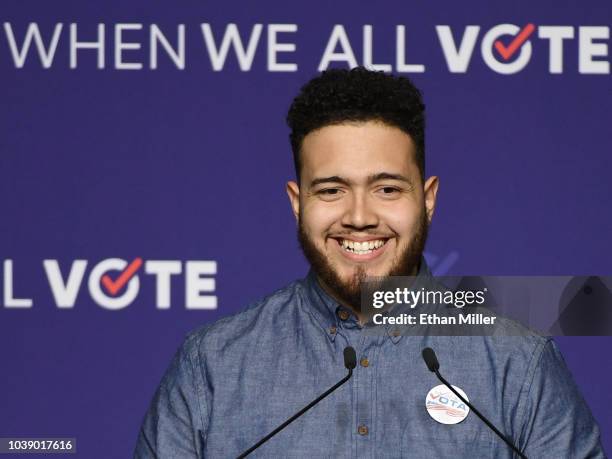 Youth organizer Aaron Ibarra speaks before introducing former first lady Michelle Obama at a rally for When We All Vote's National Week of Action at...