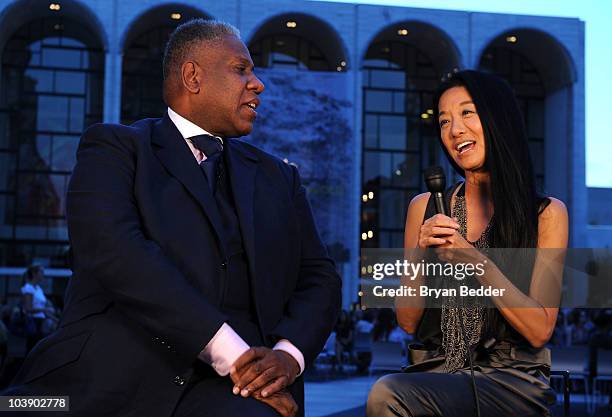 Vogue�s Editor at Large, Andre Leon Talley and designer Vera Wang speak at Fashion's Night Out: The Show at Lincoln Center on September 7, 2010 in...