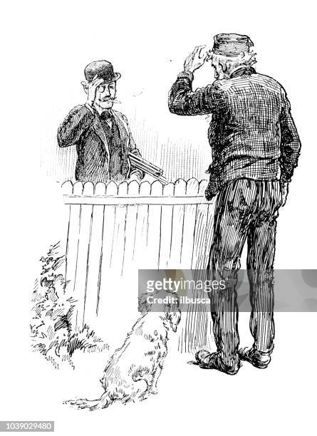 antique engraving illustration: men, fence and dog - dog saluting stock illustrations