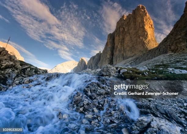 mountain stream, latemar, catinaccio massif, bolzano-bozen, italy - catinaccio rosengarten stock pictures, royalty-free photos & images