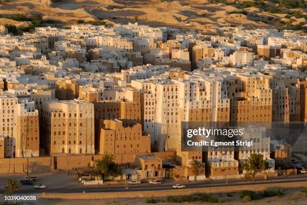view over the historic city centre of shibam, unesco world heritage site, wadi hadramaut, yemen, arabia, arab peninsula, the middle east - shibam stockfoto's en -beelden