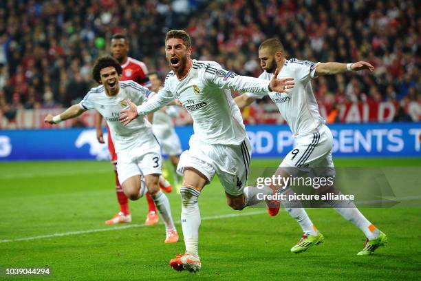 Madrid's Sergio Ramos celebrates his 2-0 goal during the Champions League semifinal second leg match between Bayern Munich and Real Madrid at Allianz...
