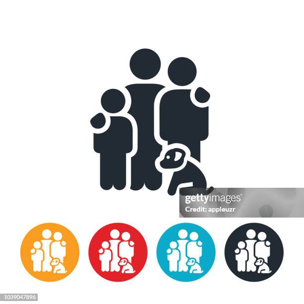 family of three with dog icon - stroking dog stock illustrations