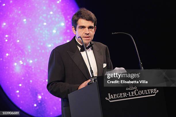 Jaeger-LeCoultre CEO Jerome Lambert speaks at the Jaeger LeCoultre party during 67th Venice Film Festival at Teatro alle Tese on September 7, 2010 in...