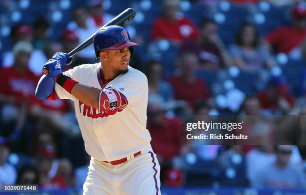 Aaron Altherr of the Philadelphia Phillies in action against the Miami Marlins during a game at Citizens Bank Park on September 16, 2018 in...