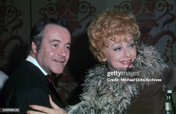 American actress Lucille Ball with Jack Lemmon during a Friars Club benefit for Milton Berle at the Beverly Hills Hilton, October 1973.