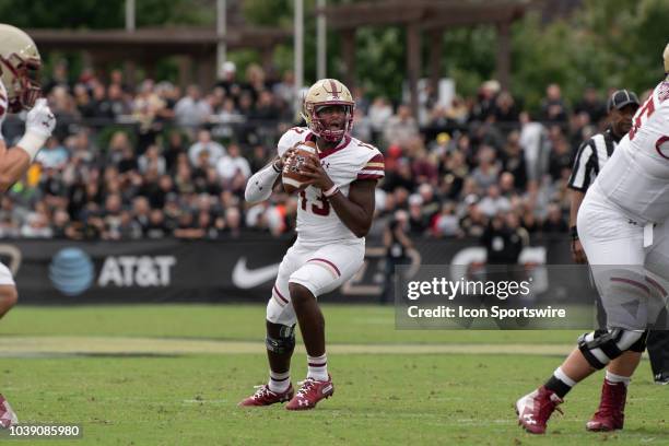 Boston College Eagles quarterback Anthony Brown looks downfield during the college football game between the Purdue Boilermakers and Boston College...