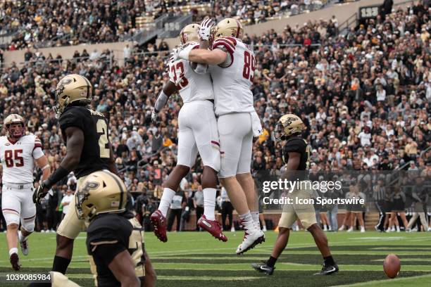 Boston College Eagles running back Travis Levy and Boston College Eagles tight end Tommy Sweeney celebrate a touchdown during the college football...