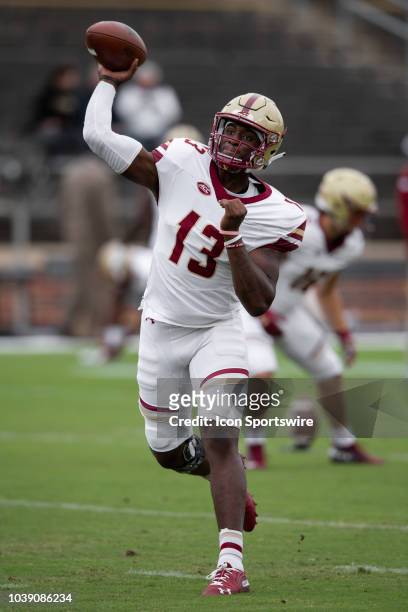 Boston College Eagles quarterback Anthony Brown warms up before the college football game between the Purdue Boilermakers and Boston College Eagles...