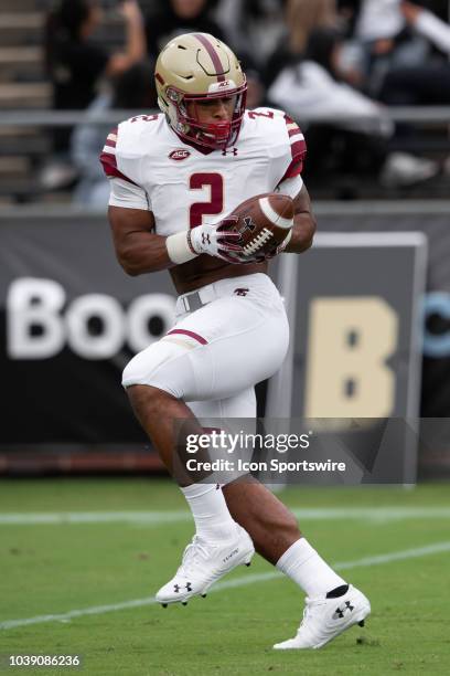 Boston College Eagles running back AJ Dillon warms up before the college football game between the Purdue Boilermakers and Boston College Eagles on...