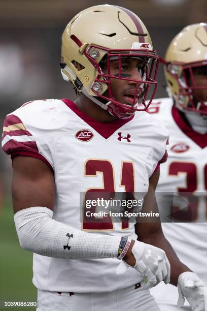 Boston College Eagles defensive back Lukas Denis warms up before the college football game between the Purdue Boilermakers and Boston College Eagles...