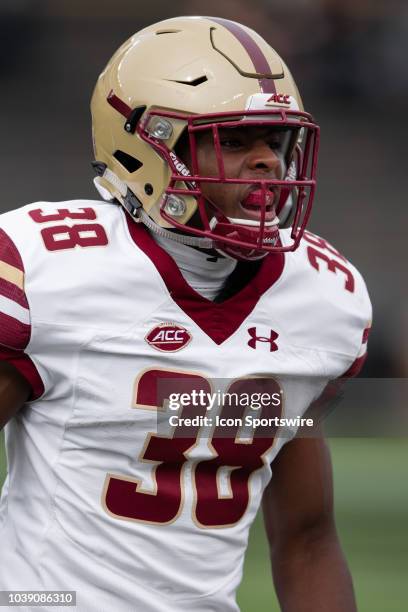 Boston College Eagles defensive back Jason Maitre warms up before the college football game between the Purdue Boilermakers and Boston College Eagles...