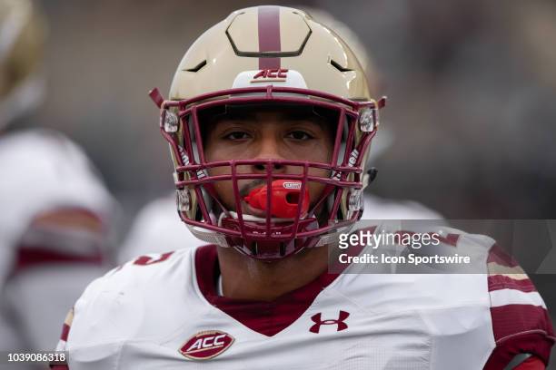 Boston College Eagles running back AJ Dillon warms up before the college football game between the Purdue Boilermakers and Boston College Eagles on...