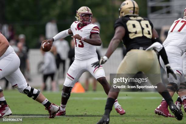 Boston College Eagles quarterback Anthony Brown throws to the sidelines during the college football game between the Purdue Boilermakers and Boston...