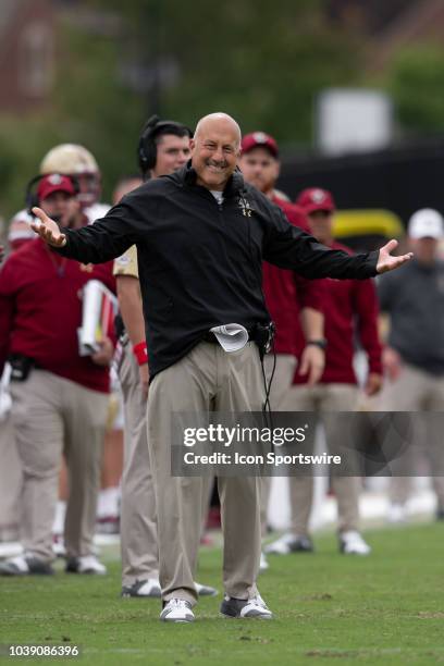 Boston College Eagles head coach Steve Addazio reacts to a call on the sidelines during the college football game between the Purdue Boilermakers and...