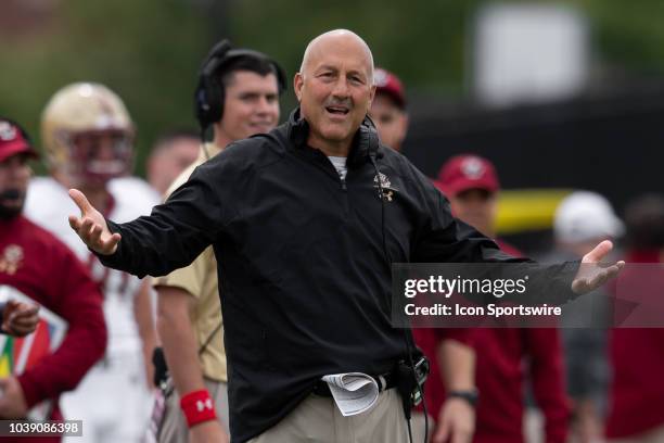 Boston College Eagles head coach Steve Addazio reacts to a call on the sidelines during the college football game between the Purdue Boilermakers and...