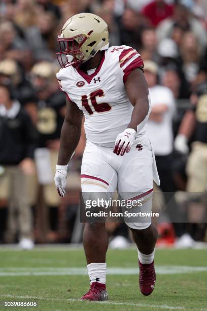 Boston College Eagles linebacker Davon Jones lines up on defense during the college football game between the Purdue Boilermakers and Boston College...