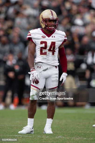 Boston College Eagles defensive back Taj-Amir Torres looks to the sidelines for the play call during the college football game between the Purdue...
