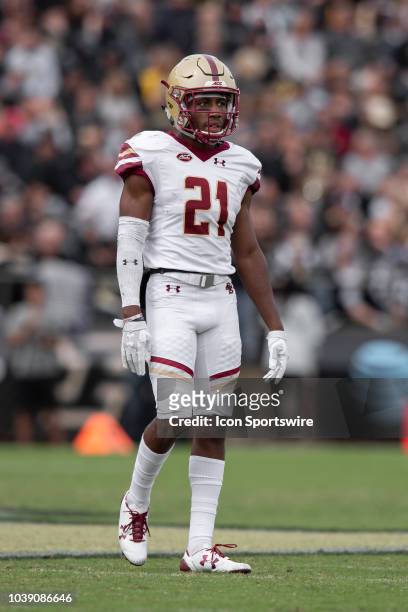 Boston College Eagles defensive back Lukas Denis looks to the sidelines for the play call during the college football game between the Purdue...