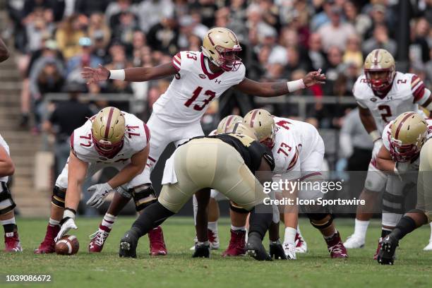 Boston College Eagles quarterback Anthony Brown calls out the play during the college football game between the Purdue Boilermakers and Boston...