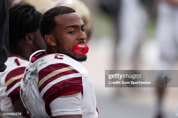 Boston College Eagles running back AJ Dillon on the sidelines during the college football game between the Purdue Boilermakers and Boston College...