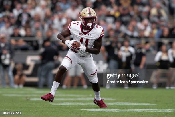 Boston College Eagles wide receiver CJ Lewis turns upfield after making a catch during the college football game between the Purdue Boilermakers and...