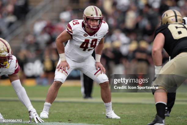 Boston College Eagles linebacker Kevin Bletzer lines up on defense during the college football game between the Purdue Boilermakers and Boston...