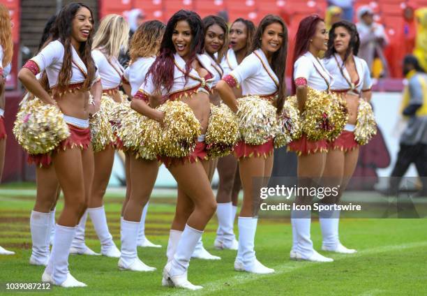 The Washington Redskins cheerleaders perform prior to the game on September 23 at FedEx Field in Landover, MD. The Washington Redskins defeated the...