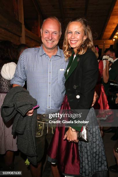 Frank Buschmann and his girlfriend Lisa Heckl during the 'Almauftrieb' as part of the Oktoberfest 2018 at Kaefer Tent at Theresienwiese on September...