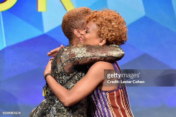 Linda Johnson Rice and Esi Eggleston Bracey, recipient of The Legend Award, onstage during the 12th Annual ADCOLOR Awards at JW Marriott Los Angeles...