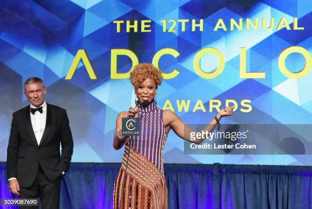 Andrew Robertson and Esi Eggleston Bracey, recipient of The Legend Award, onstage during the 12th Annual ADCOLOR Awards at JW Marriott Los Angeles at...