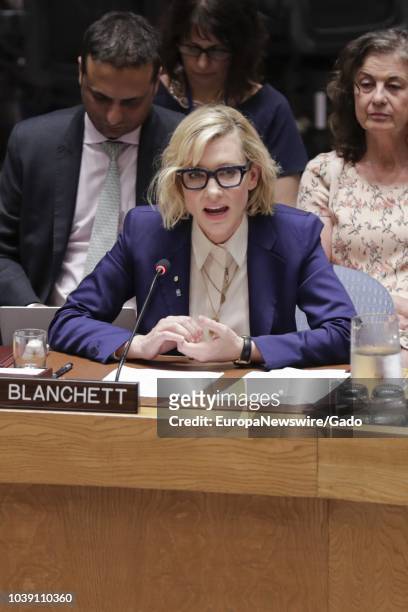 Cate Blanchett, Academy award winning actor and Goodwill Ambassador for the United Nations High Commissioner for Refugees , addresses the Security...